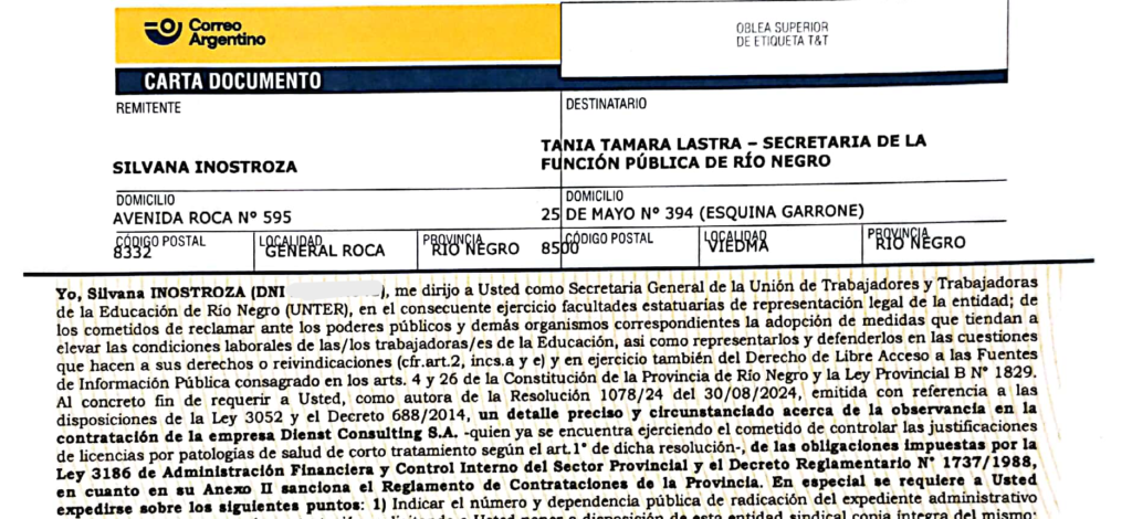 El Consejo Directivo Central de UnTER envió una carta documento a la Secretaria de la Función Pública, Tania Lastra, solicitando información detallada sobre el procedimiento de contratación, las funciones asignadas a Dienst y las garantías de resguardo de la información sensible de los empleados. Además, UnTER exige conocer la nómina completa de los profesionales médicos contratados, su especialización y matriculación, cuestionando el cumplimiento de las normativas provinciales.